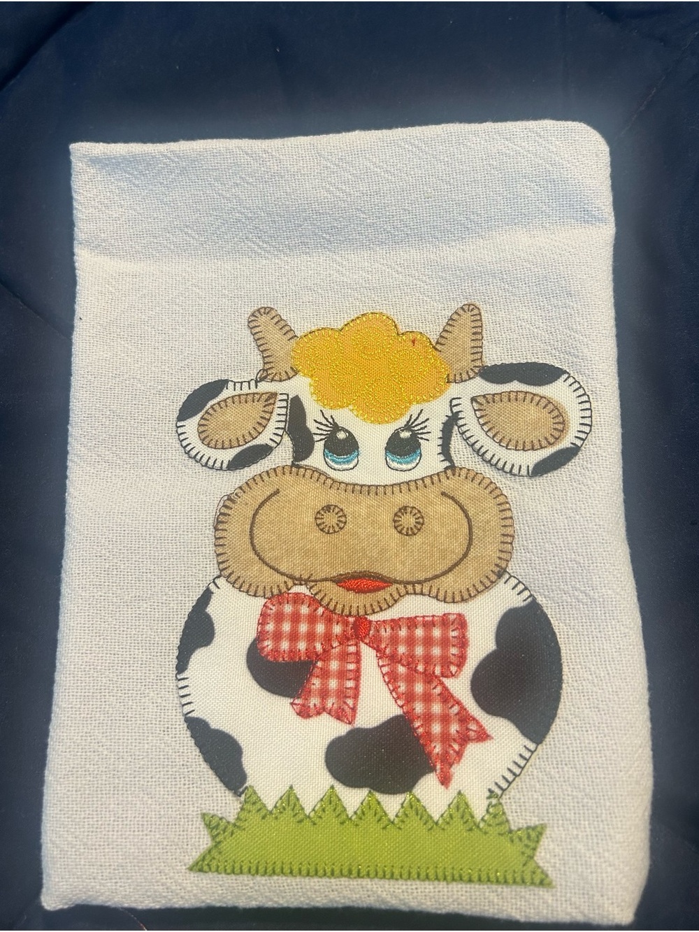White Cow Dish Towel Cloth with Red Bow
